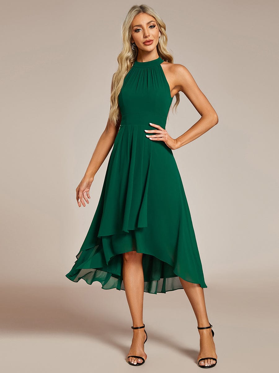 Robe d'invité de mariage mi-longue sans manches et col licou en mousseline de soie #Couleur_Vert Fonce