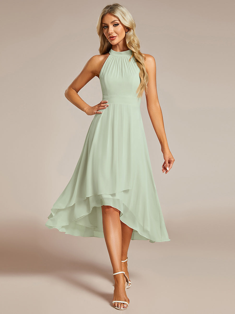 Robe d'invité de mariage mi-longue sans manches et col licou en mousseline de soie #Couleur_Menthe Verte