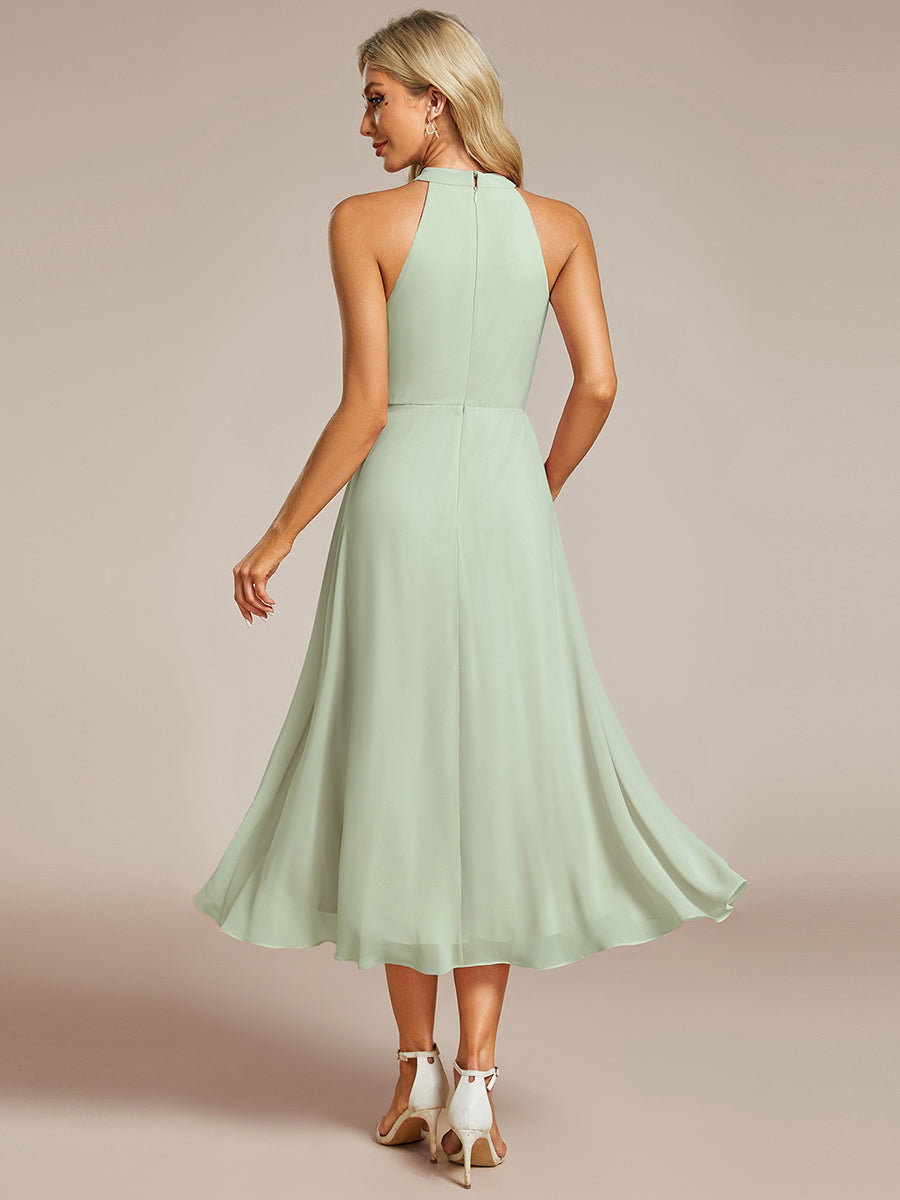 Robe d'invité de mariage mi-longue sans manches et col licou en mousseline de soie #Couleur_Menthe Verte