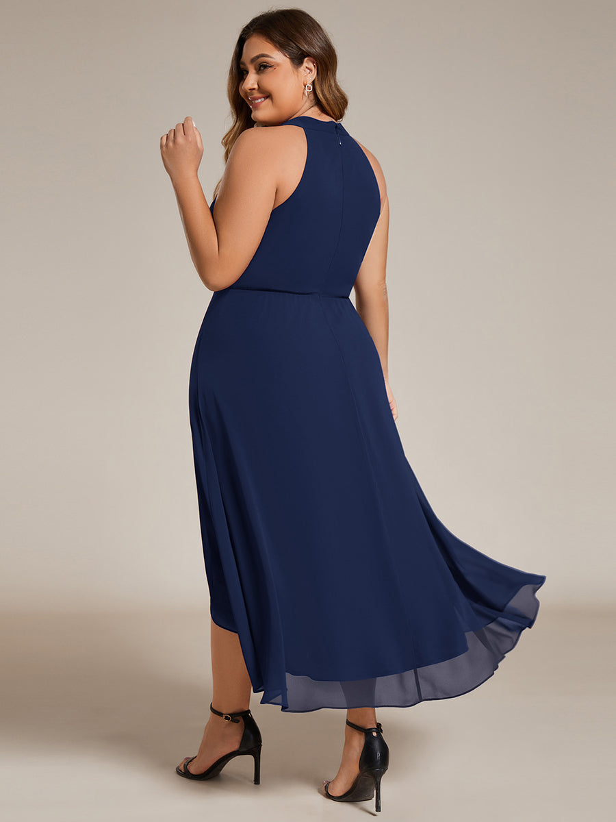 Robe d'invité de mariage mi-longue sans manches et col licou en mousseline de soie #Couleur_Bleu Marine