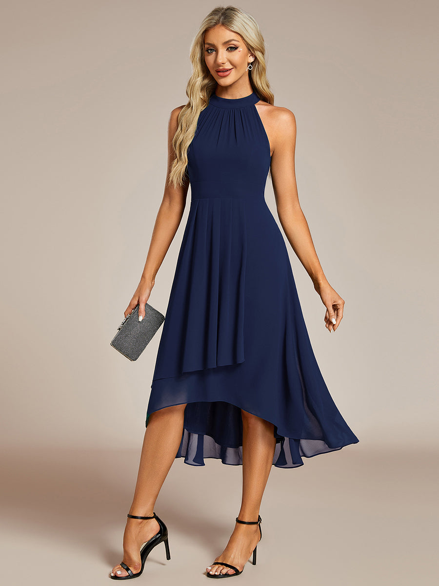 Robe d'invité de mariage mi-longue sans manches et col licou en mousseline de soie #Couleur_Bleu Marine