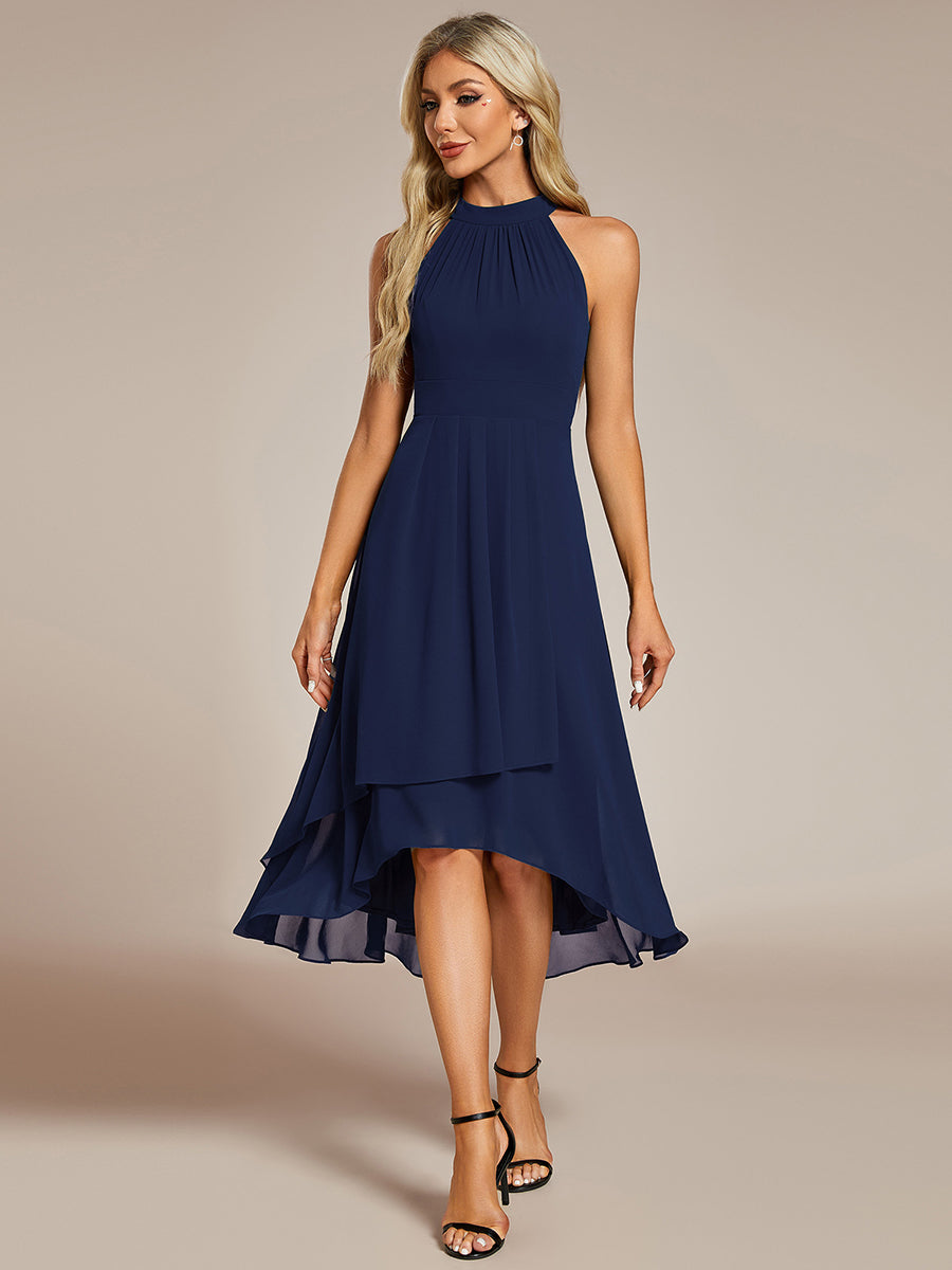 Robe d'invité de mariage mi-longue sans manches et col licou en mousseline de soie #Couleur_Bleu Marine