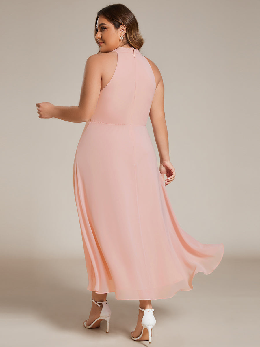 Robe d'invité de mariage mi-longue sans manches et col licou en mousseline de soie #Couleur_Rose