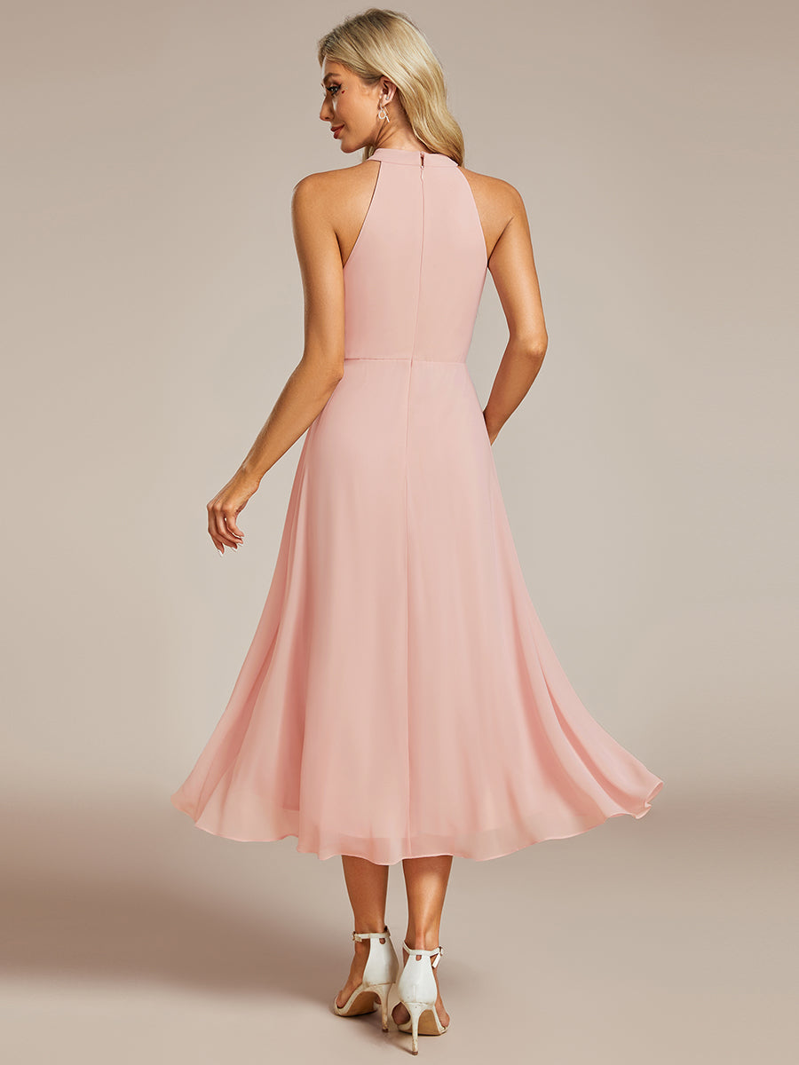 Robe d'invité de mariage mi-longue sans manches et col licou en mousseline de soie #Couleur_Rose