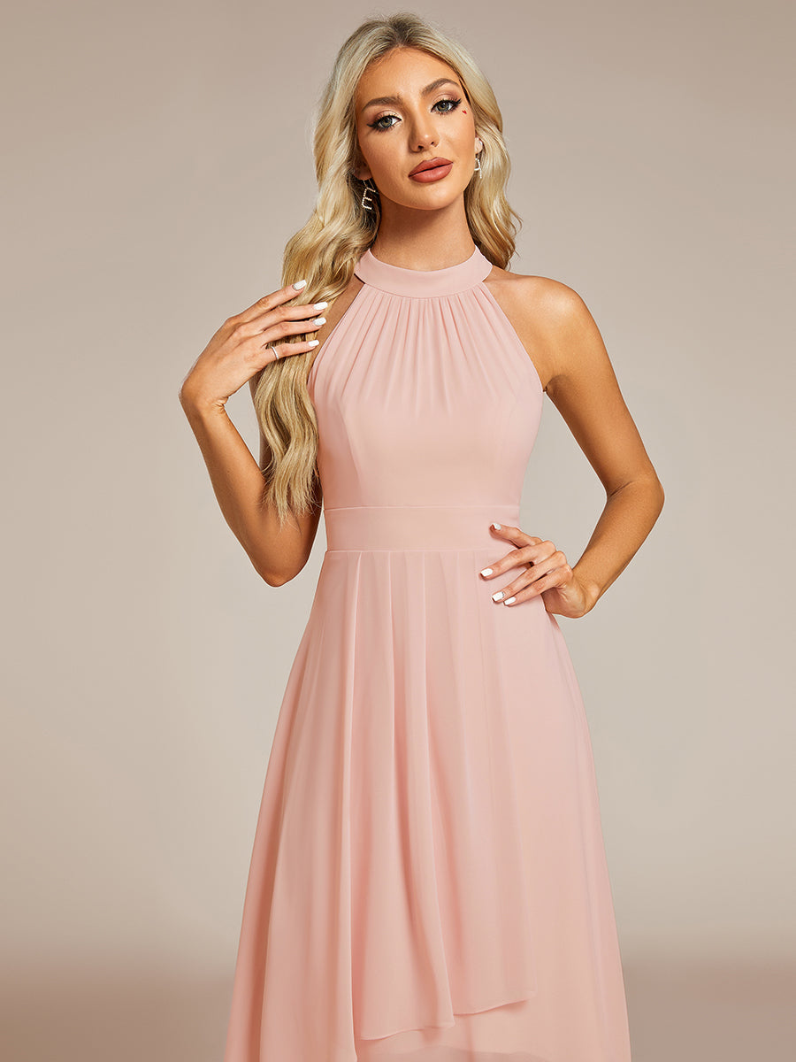 Robe d'invité de mariage mi-longue sans manches et col licou en mousseline de soie #Couleur_Rose