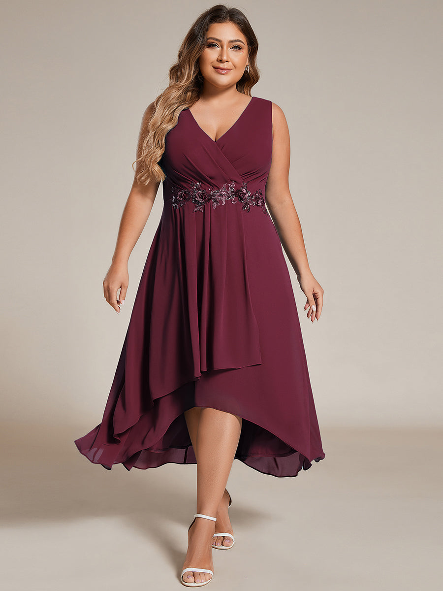 Robe d'invité de mariage haute-basse en mousseline de soie sans manches de grande taille avec applique à la taille #Couleur_Bordeaux