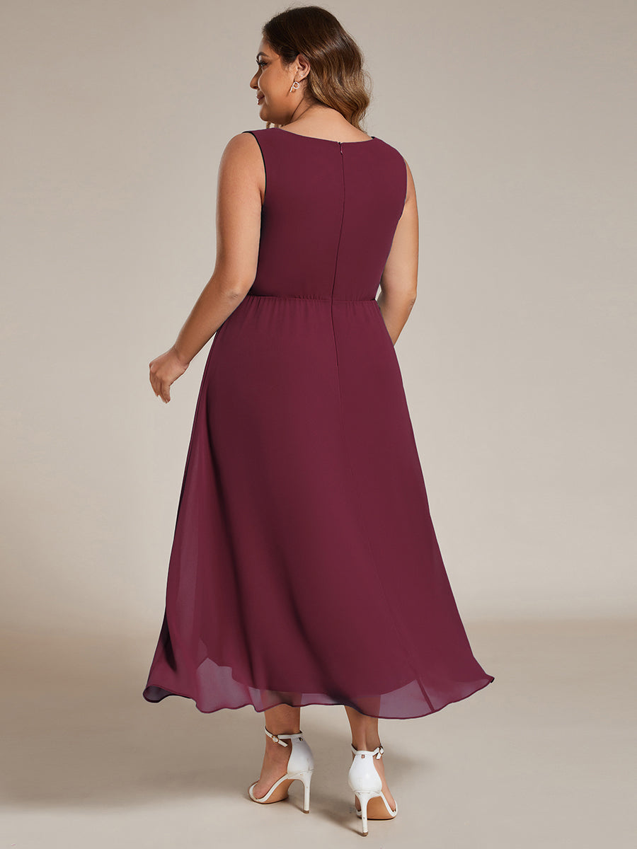 Robe d'invité de mariage haute-basse en mousseline de soie sans manches de grande taille avec applique à la taille #Couleur_Bordeaux