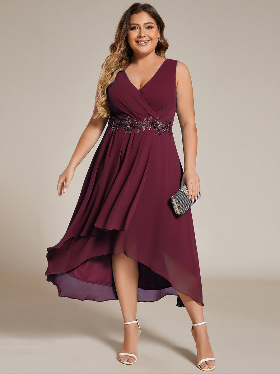 Robe d'invité de mariage haute-basse en mousseline de soie sans manches de grande taille avec applique à la taille #Couleur_Bordeaux