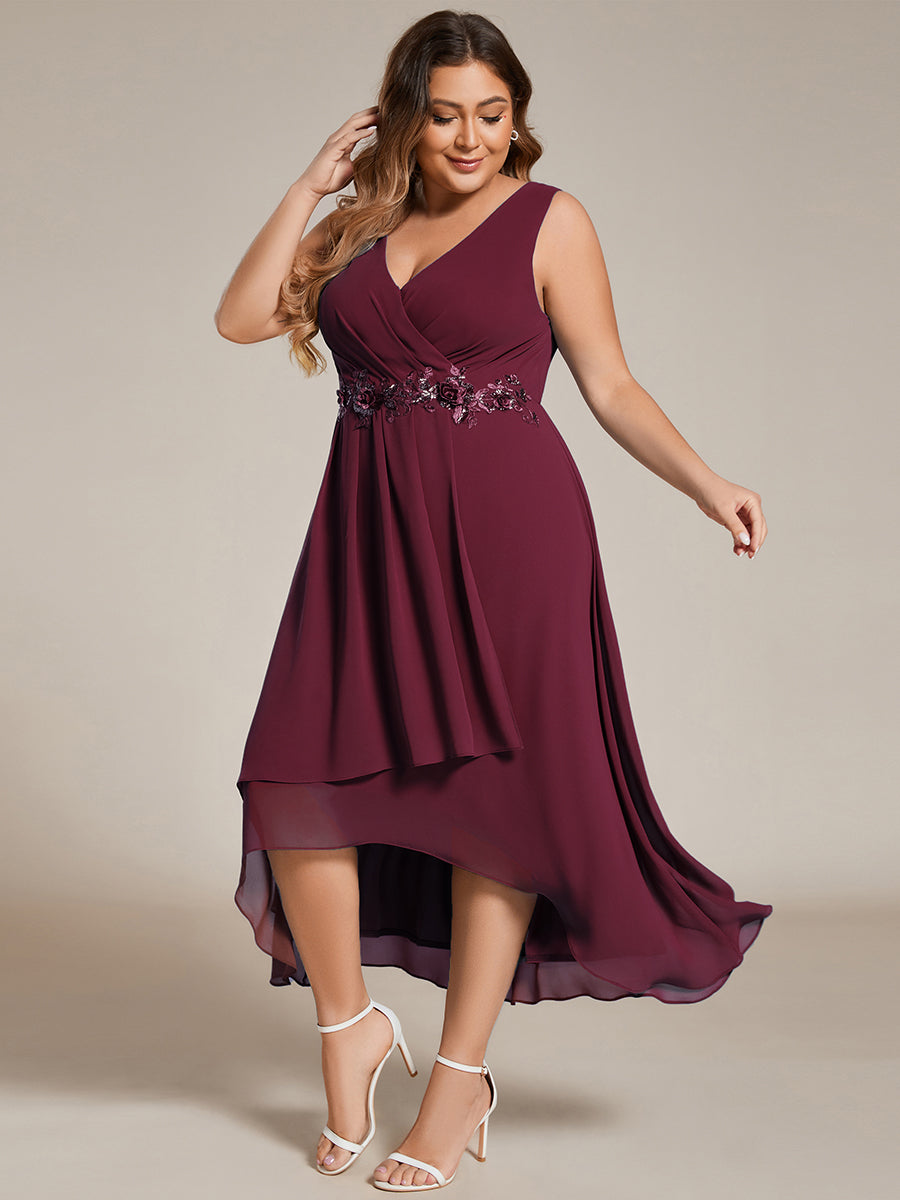 Robe d'invité de mariage haute-basse en mousseline de soie sans manches de grande taille avec applique à la taille #Couleur_Bordeaux