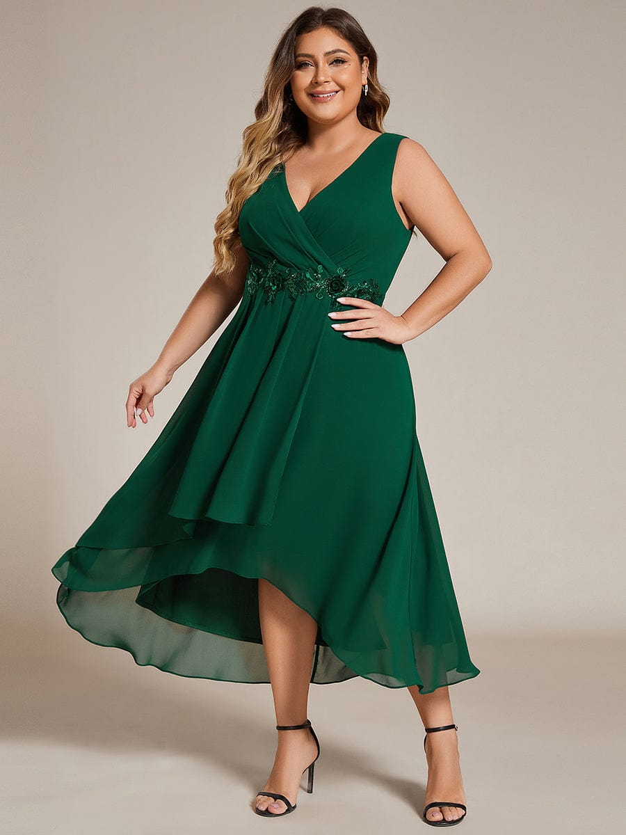 Robe d'invité de mariage haute-basse en mousseline de soie sans manches de grande taille avec applique à la taille #Couleur_Vert Fonce