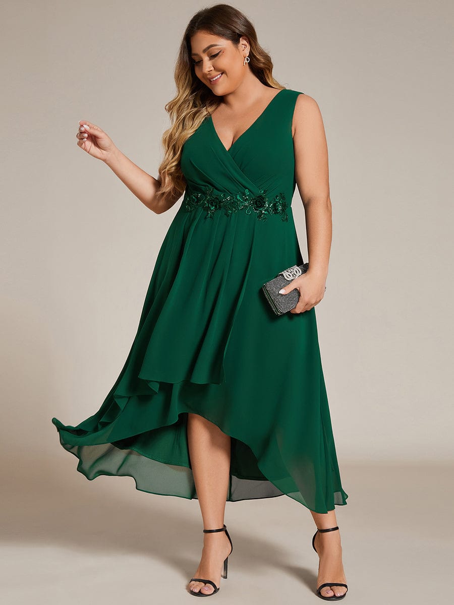 Robe d'invité de mariage haute-basse en mousseline de soie sans manches de grande taille avec applique à la taille #Couleur_Vert Fonce