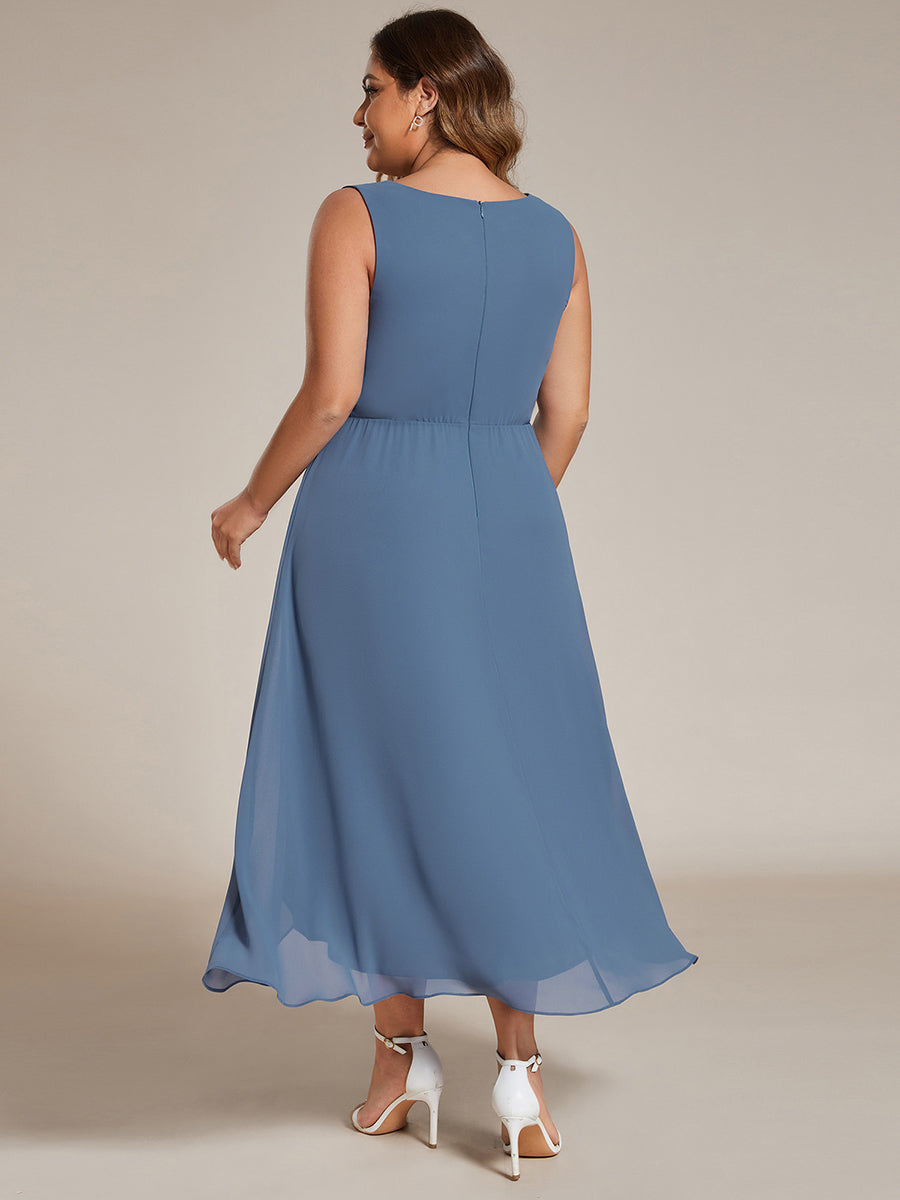 Robe d'invité de mariage haute-basse en mousseline de soie sans manches de grande taille avec applique à la taille #Couleur_Marine Fume