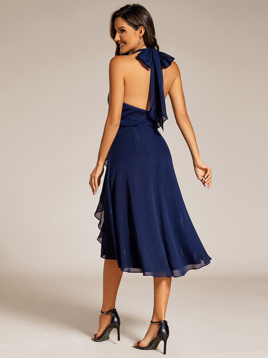 Robe d'invité de mariage dos nu sans manches avec nœud licou scintillant et col en V #Couleur_Bleu Marine