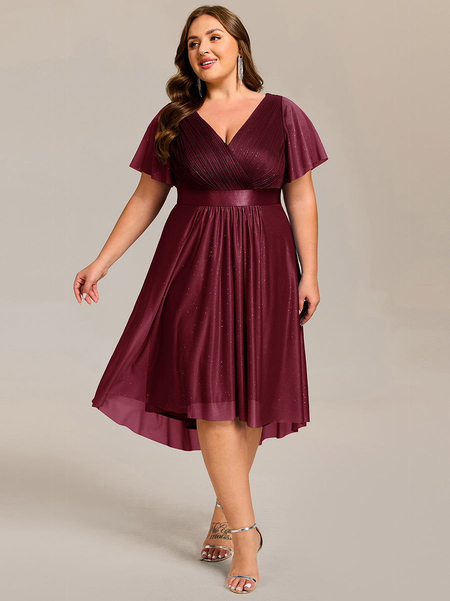 Robe d'invitée de mariage mi-longue plissée à manches courtes et col en V #Couleur_Bordeaux