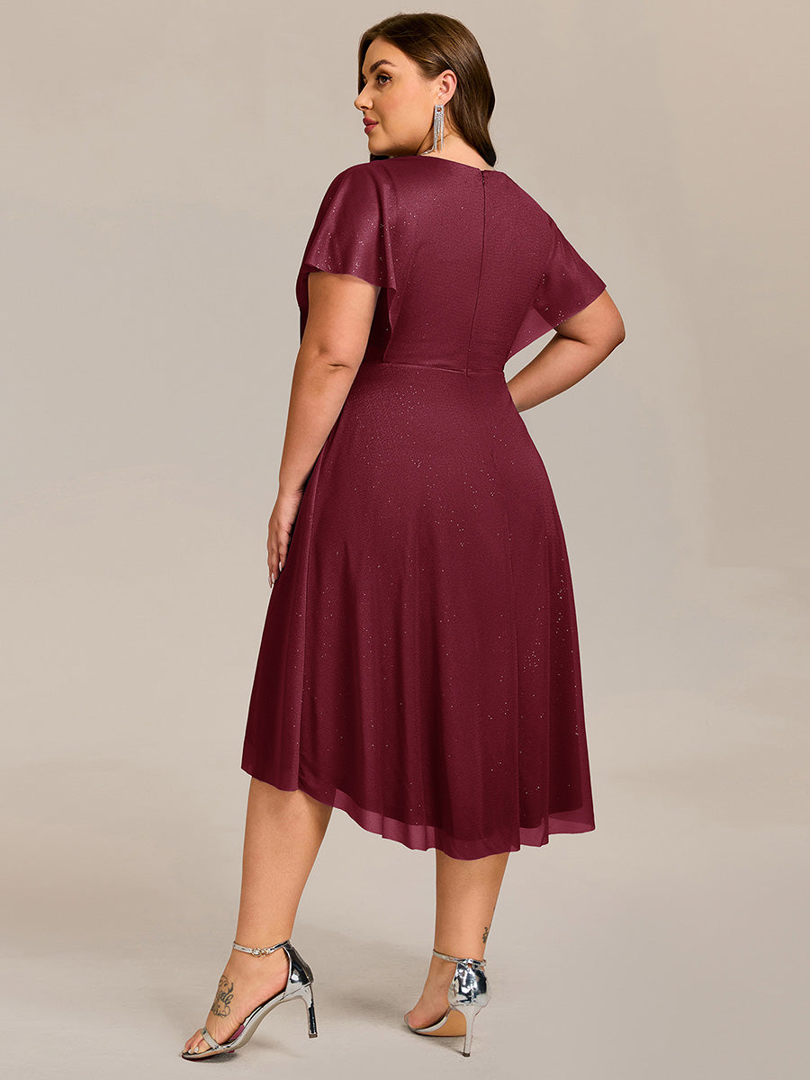 Robe d'invitée de mariage mi-longue plissée à manches courtes et col en V #Couleur_Bordeaux