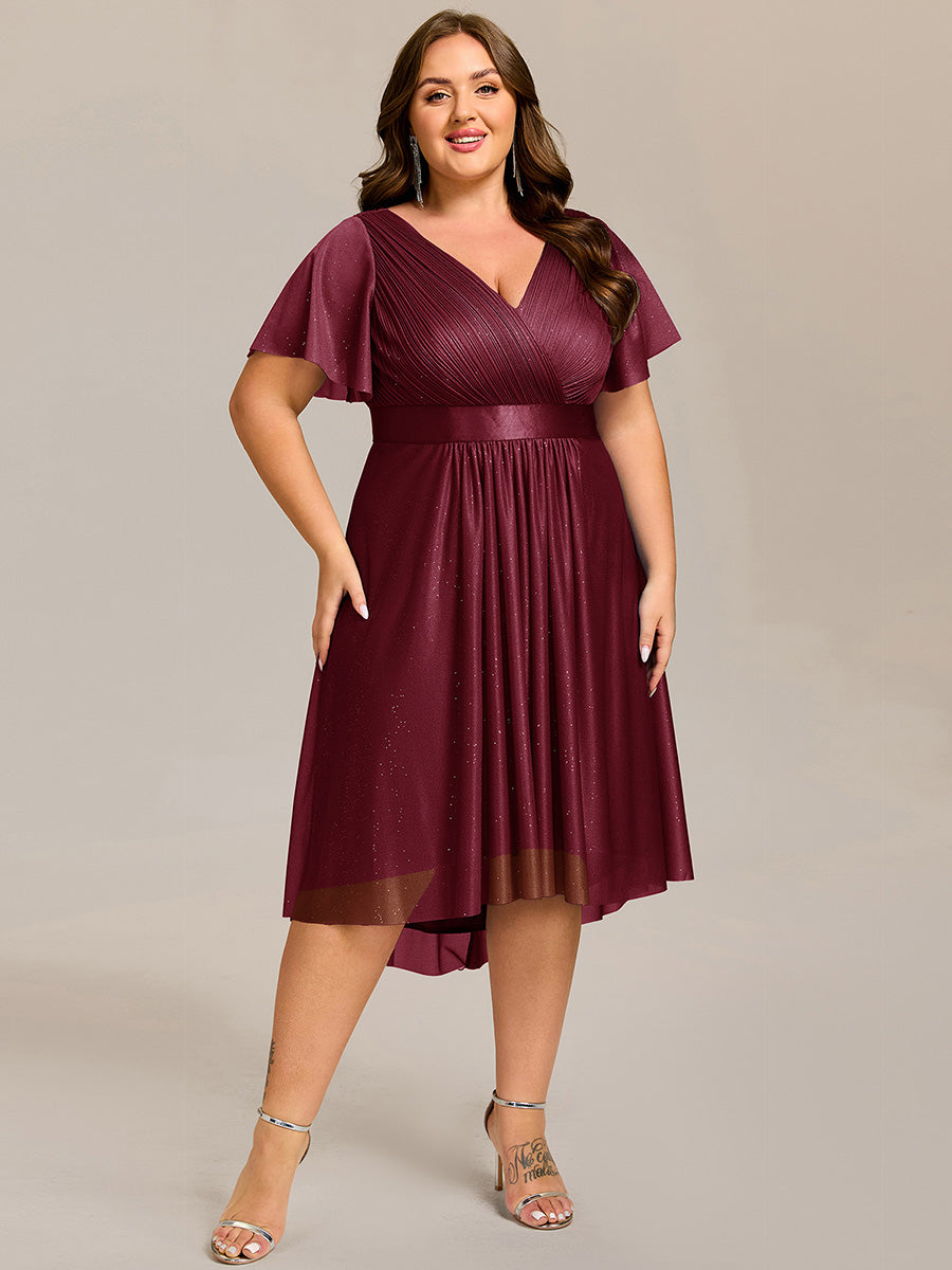 Robe d'invitée de mariage mi-longue plissée à manches courtes et col en V #Couleur_Bordeaux