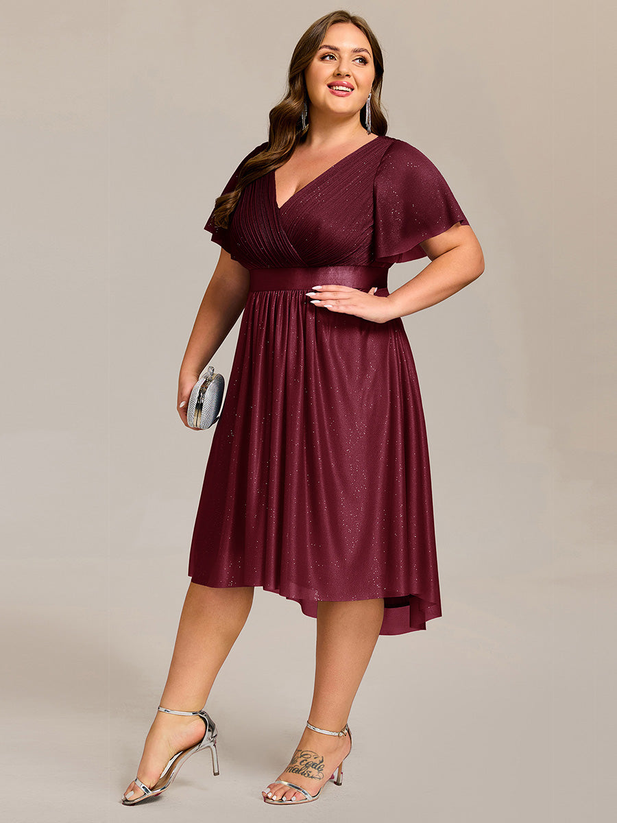 Robe d'invitée de mariage mi-longue plissée à manches courtes et col en V #Couleur_Bordeaux