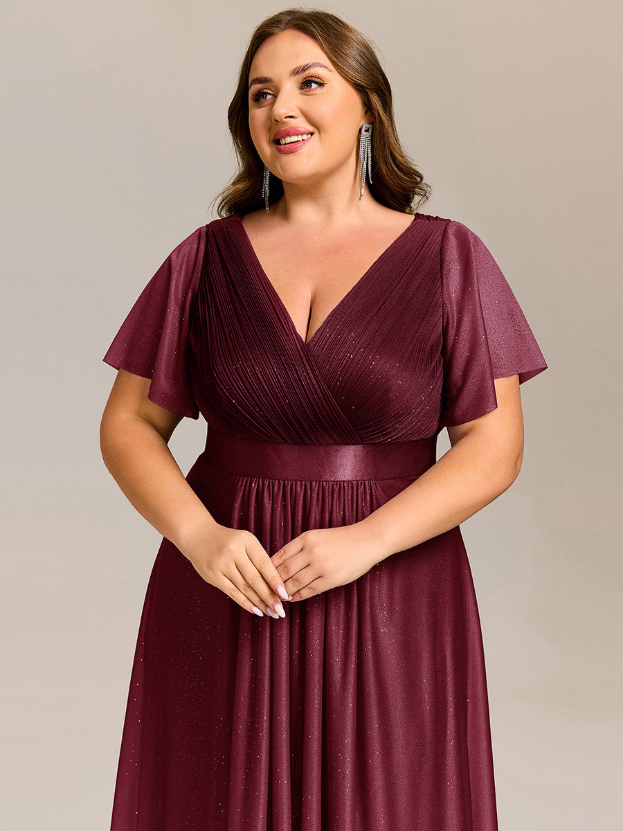 Robe d'invitée de mariage mi-longue plissée à manches courtes et col en V #Couleur_Bordeaux