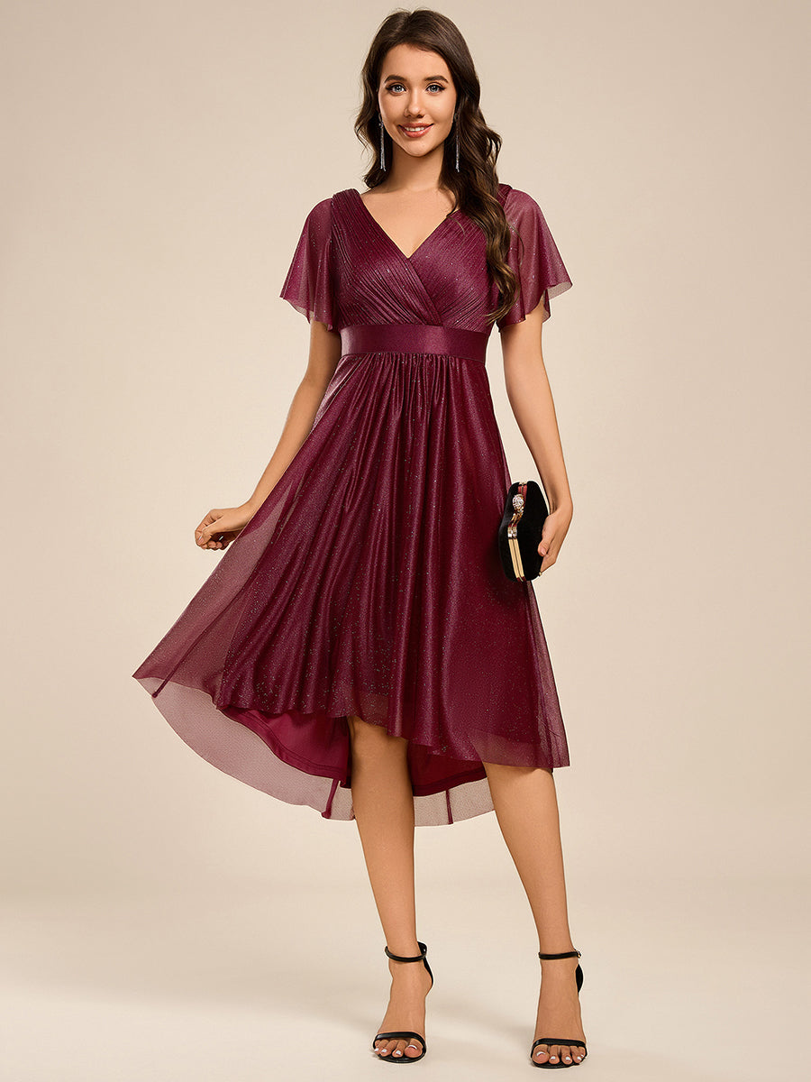 Robe d'invitée de mariage mi-longue plissée à manches courtes et col en V #Couleur_Bordeaux