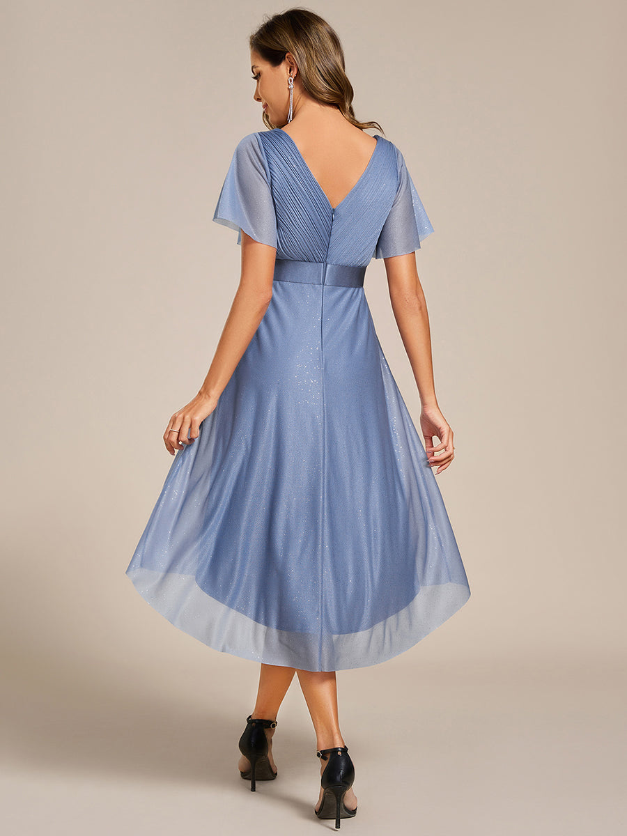 Robe d'invitée de mariage mi-longue plissée à manches courtes et col en V #Couleur_Marine Fume