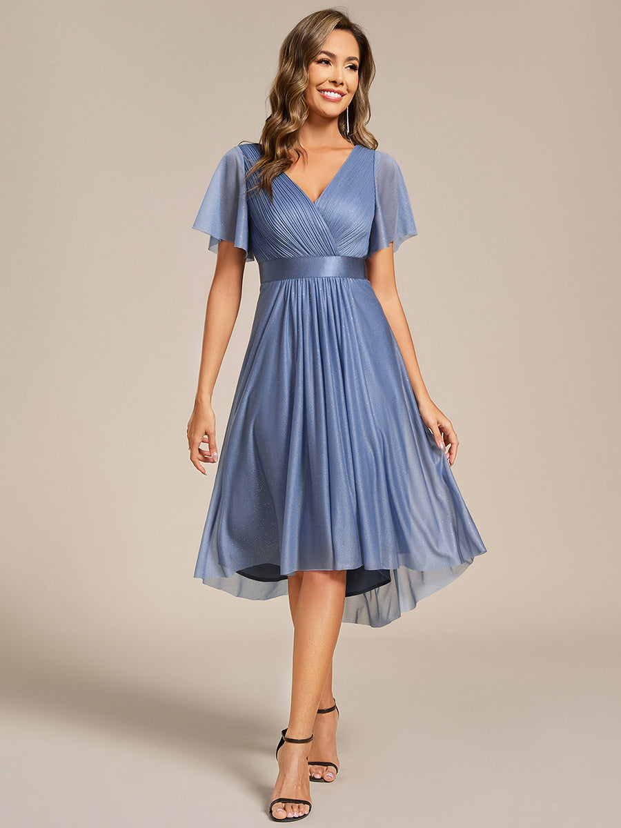 Robe d'invitée de mariage mi-longue plissée à manches courtes et col en V #Couleur_Marine Fume