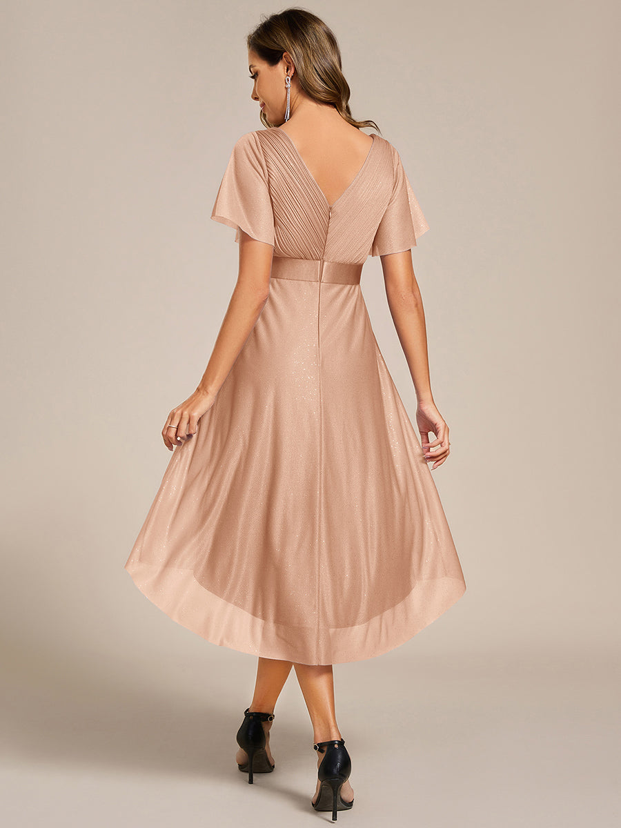 Robe d'invitée de mariage mi-longue plissée à manches courtes et col en V #Couleur_Or Rose