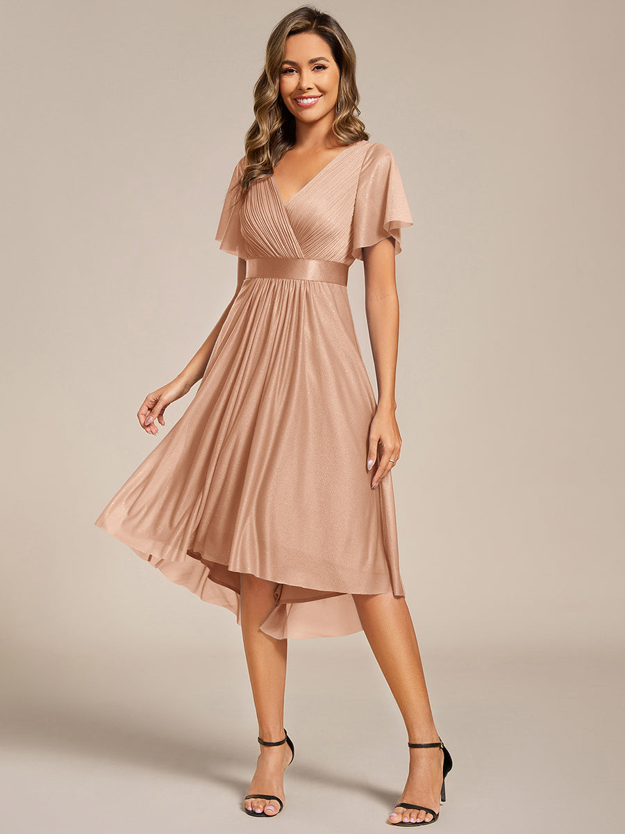 Robe d'invitée de mariage mi-longue plissée à manches courtes et col en V #Couleur_Or Rose