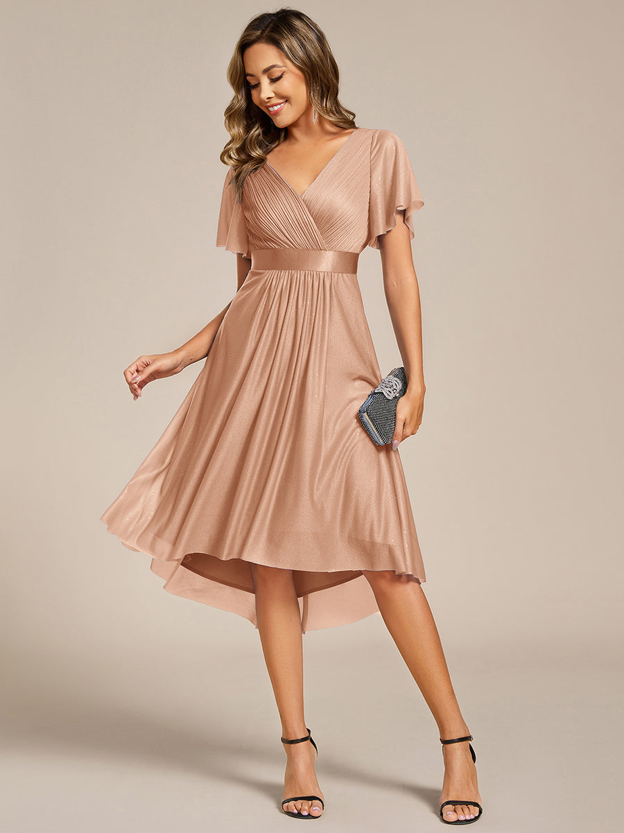 Robe d'invitée de mariage mi-longue plissée à manches courtes et col en V #Couleur_Or Rose