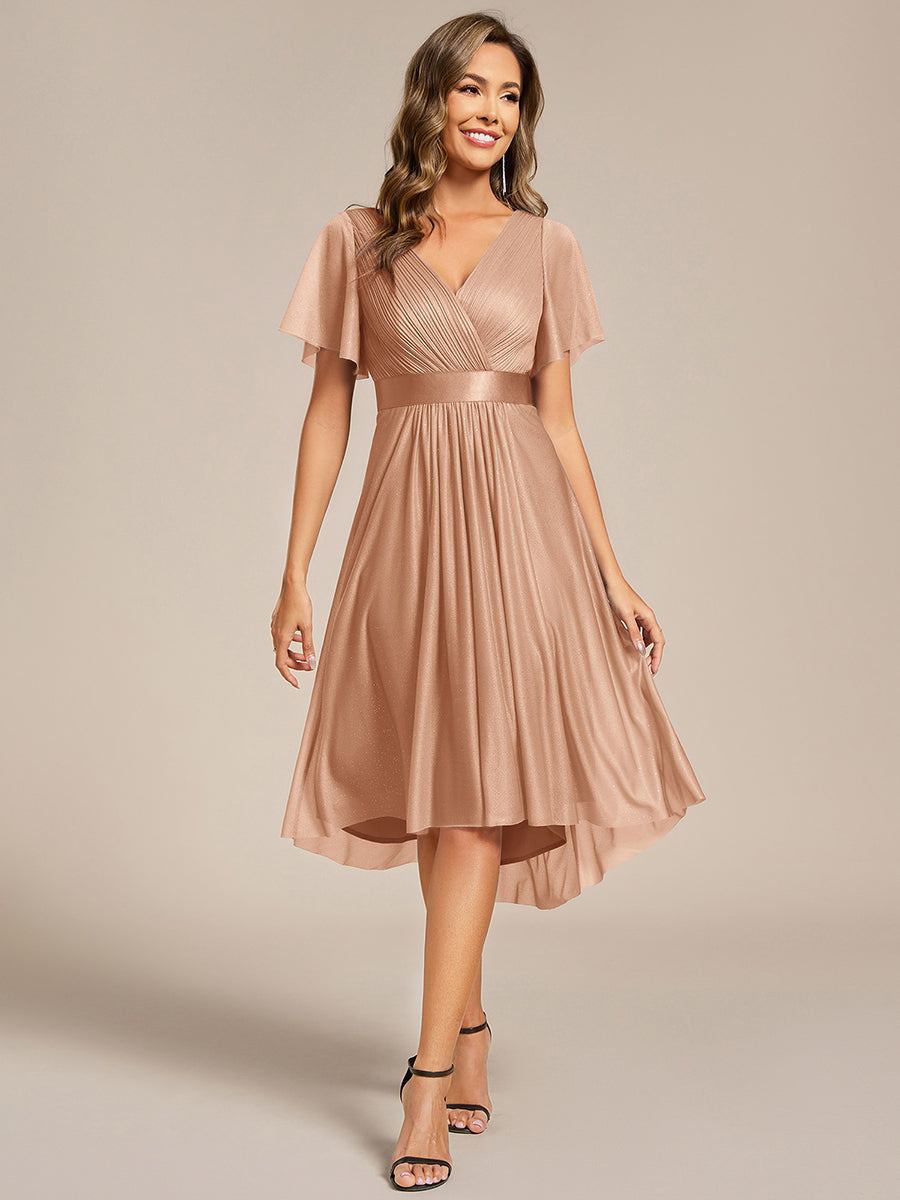 Robe d'invitée de mariage mi-longue plissée à manches courtes et col en V #Couleur_Or Rose