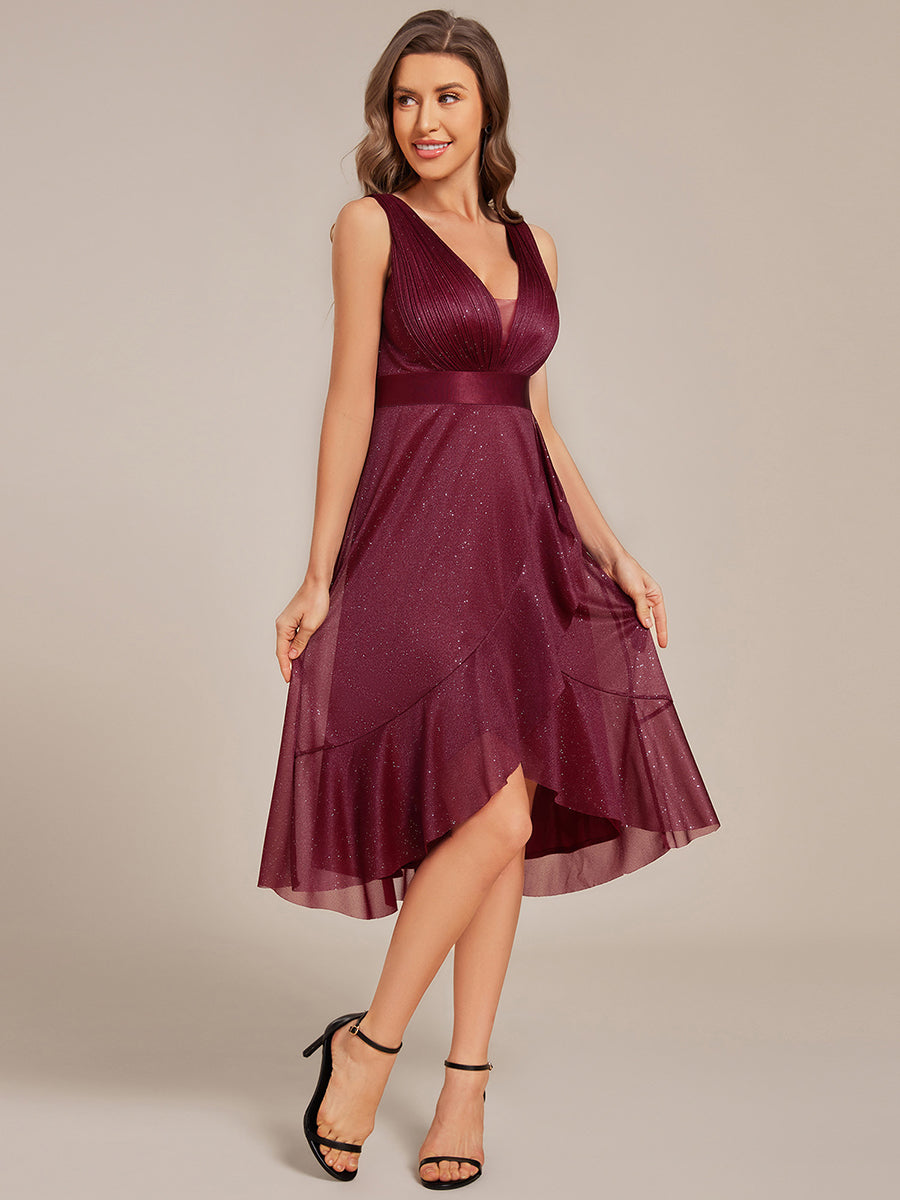 Robe d'invitée de mariage mi-longue à paillettes sans manches et col en V #Couleur_Bordeaux