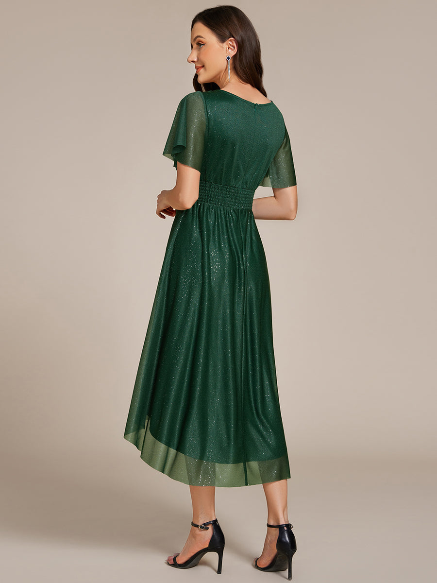 Robe d'invitée de mariage mi-longue à col rond et paillettes #Couleur_Vert Fonce