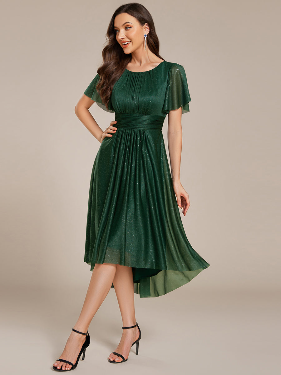 Robe d'invitée de mariage mi-longue à col rond et paillettes #Couleur_Vert Fonce