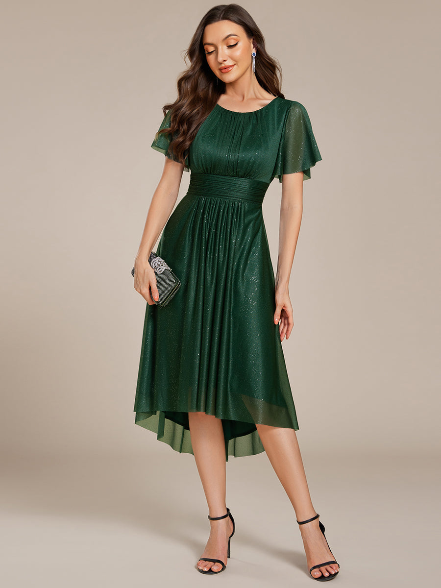 Robe d'invitée de mariage mi-longue à col rond et paillettes #Couleur_Vert Fonce