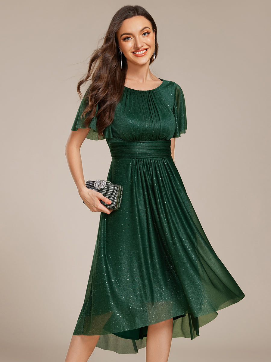 Robe d'invitée de mariage mi-longue à col rond et paillettes #Couleur_Vert Fonce