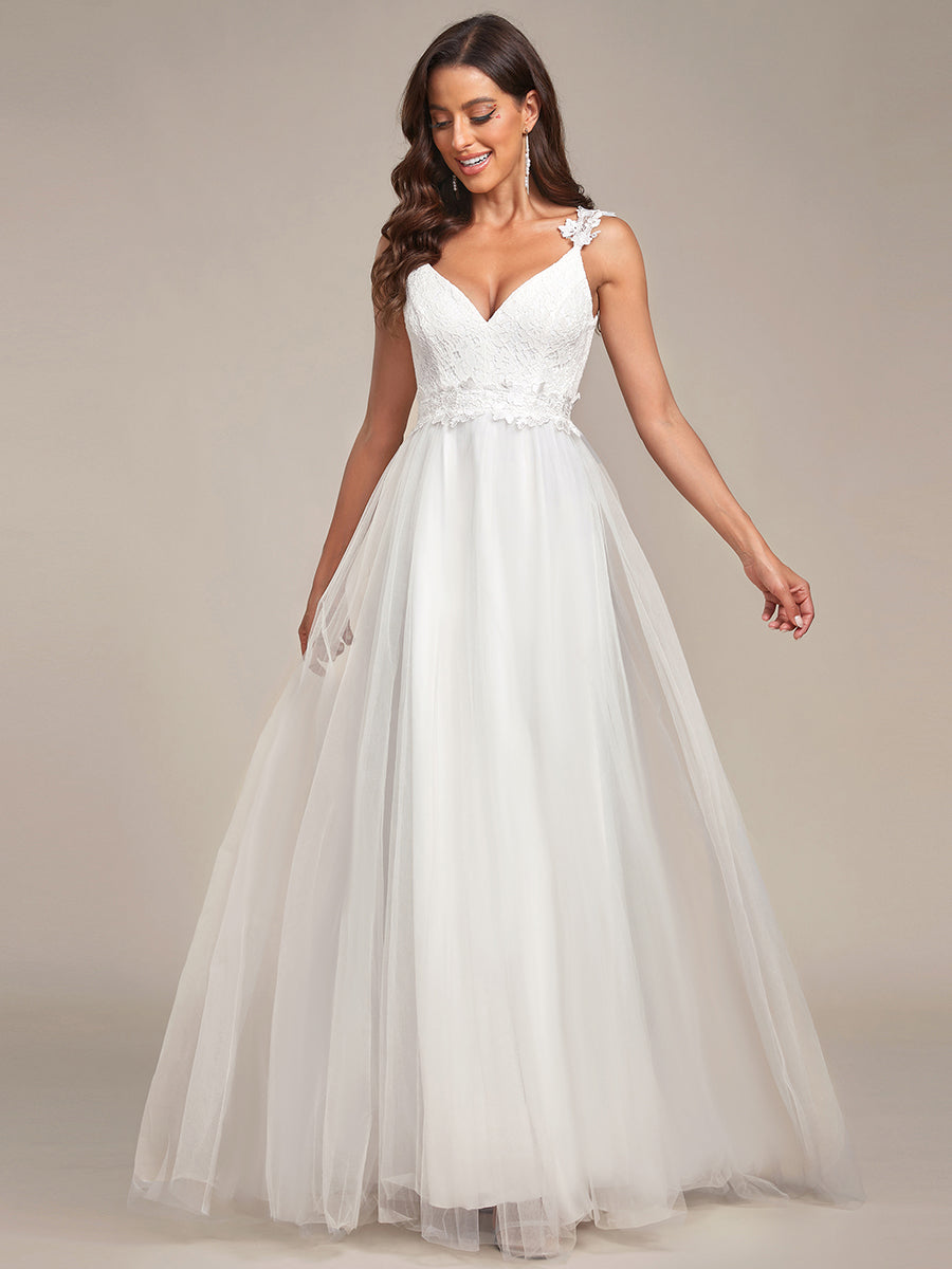 Robe De Mariée Trapèze à Double Col En V Et Corsage En Dentelle #Couleur_Creme