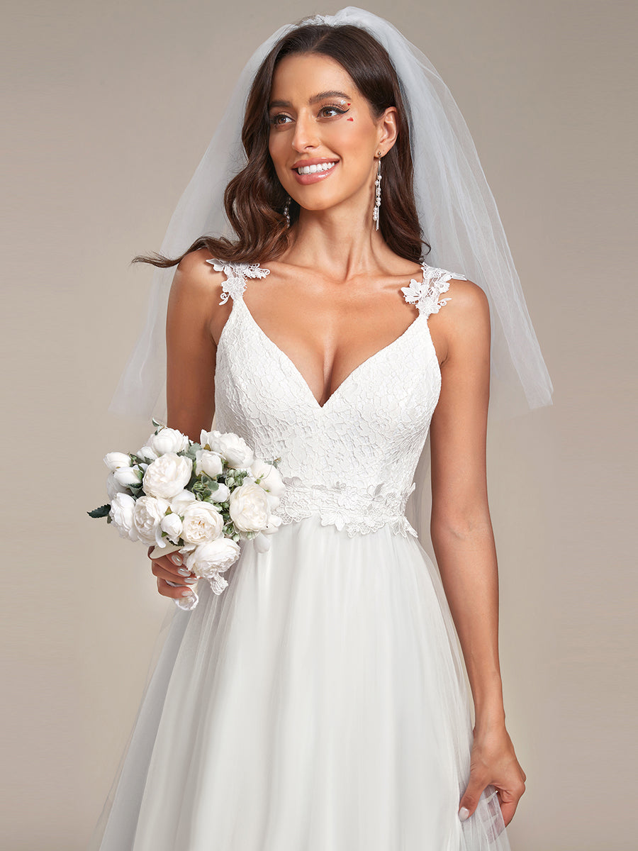 Robe De Mariée Trapèze à Double Col En V Et Corsage En Dentelle #Couleur_Creme