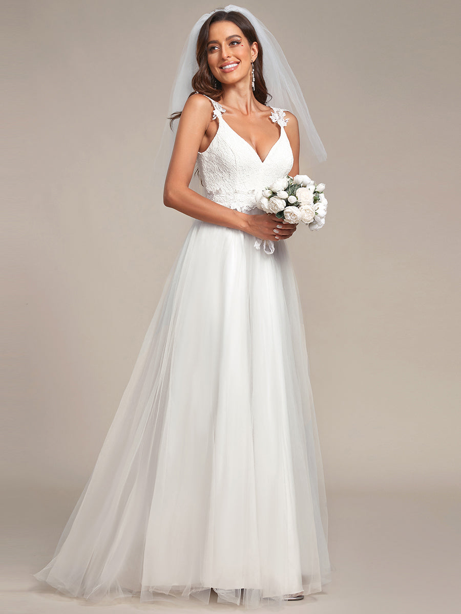 Robe De Mariée Trapèze à Double Col En V Et Corsage En Dentelle #Couleur_Creme