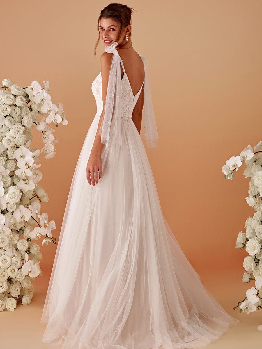 Robe de mariée romantique en dentelle et tulle avec épaules nouées #Couleur_Ivoire