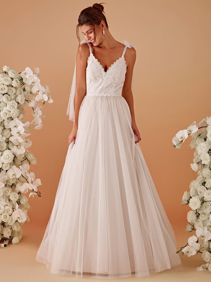 Robe de mariée romantique en dentelle et tulle avec épaules nouées #Couleur_Ivoire