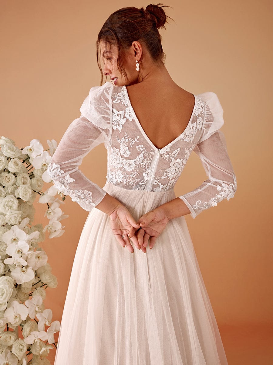 Robe de mariée transparente à col en V et manches gigot #Couleur_Ivoire