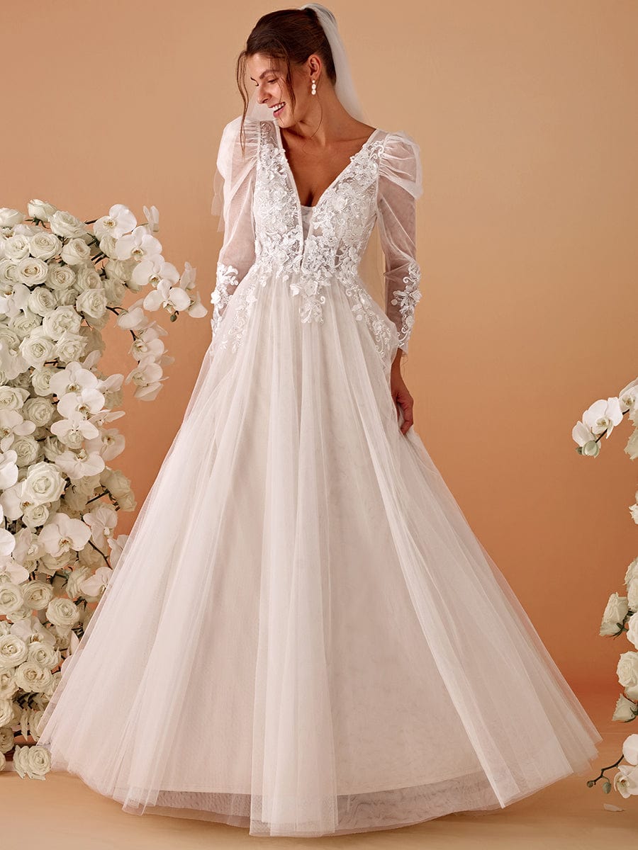 Robe de mariée transparente à col en V et manches gigot #Couleur_Ivoire