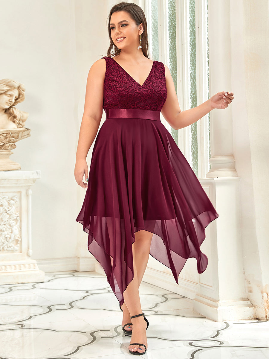 Superbe robe de bal en dentelle et en mousseline de soie à col en V pour femme #Couleur_Bordeaux