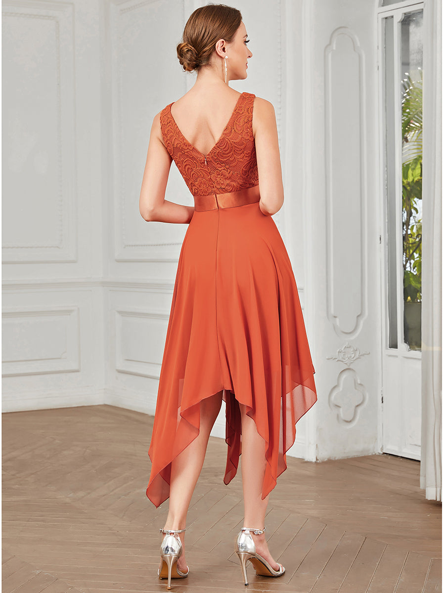 Superbe robe de bal en dentelle et en mousseline de soie à col en V pour femme #Couleur_Burnt Orange