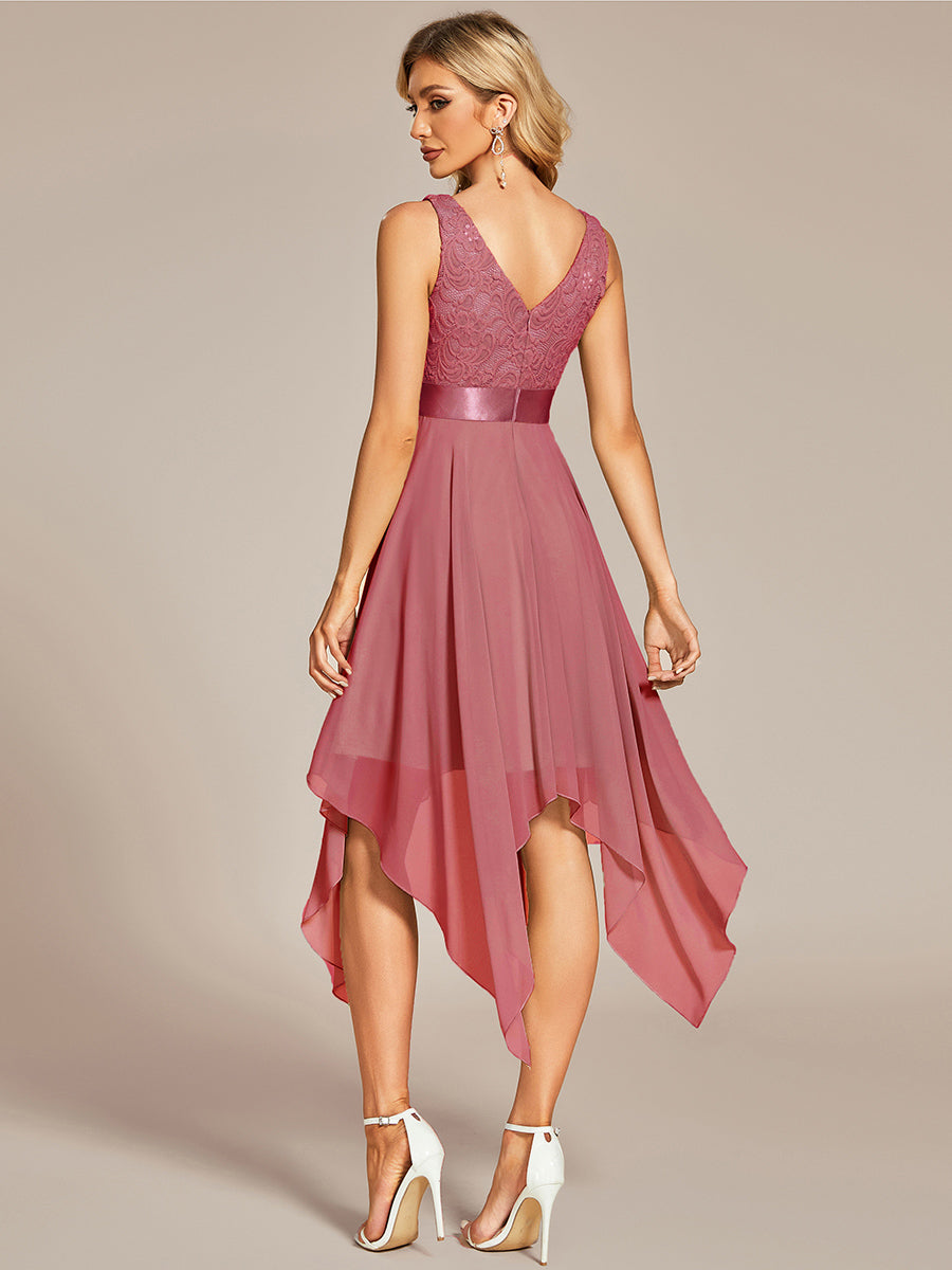 Superbe robe de bal en dentelle et en mousseline de soie à col en V pour femme #Couleur_Rose corail