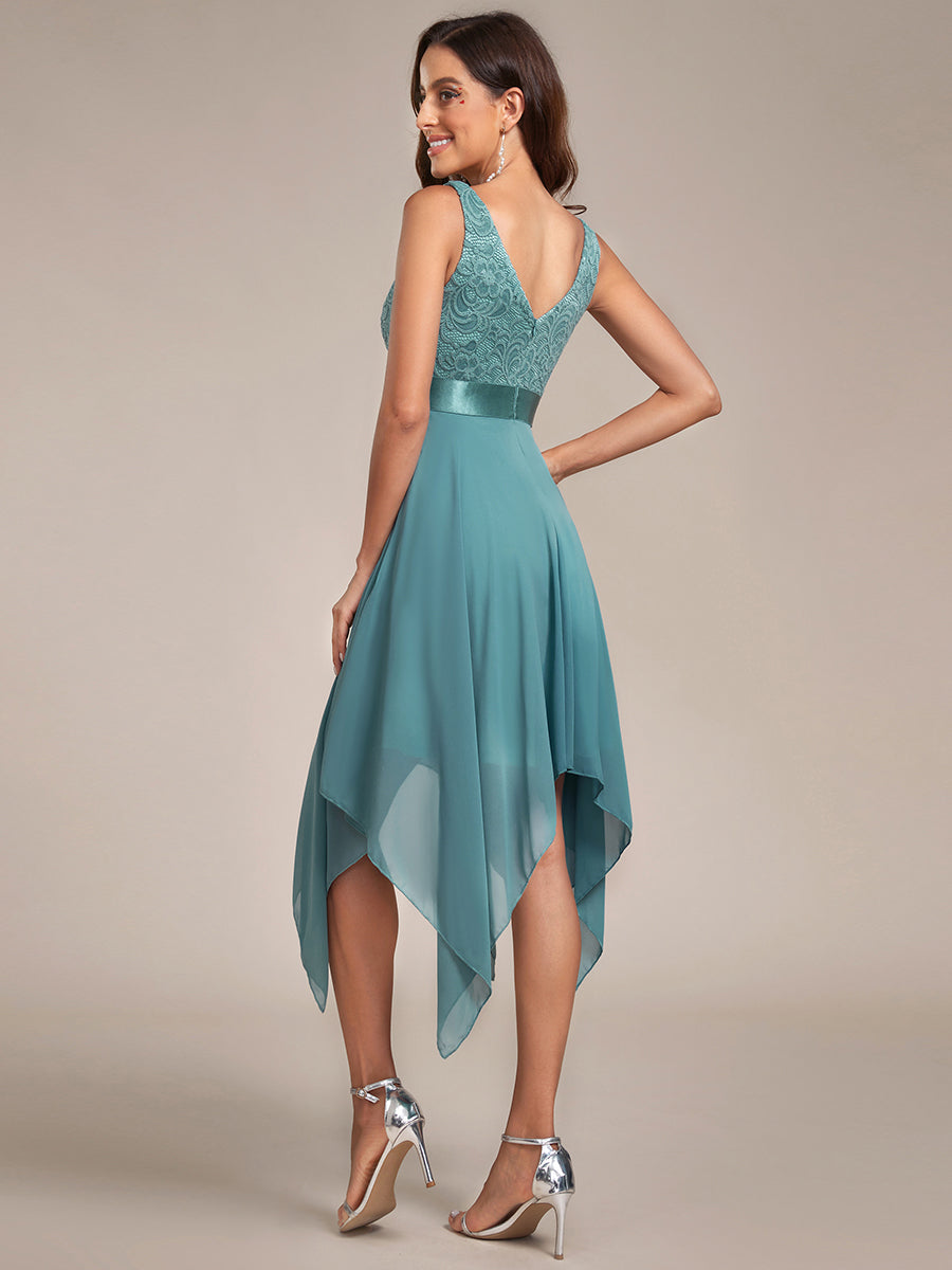 Superbe robe de bal en dentelle et en mousseline de soie à col en V pour femme #Couleur_Bleu Fume