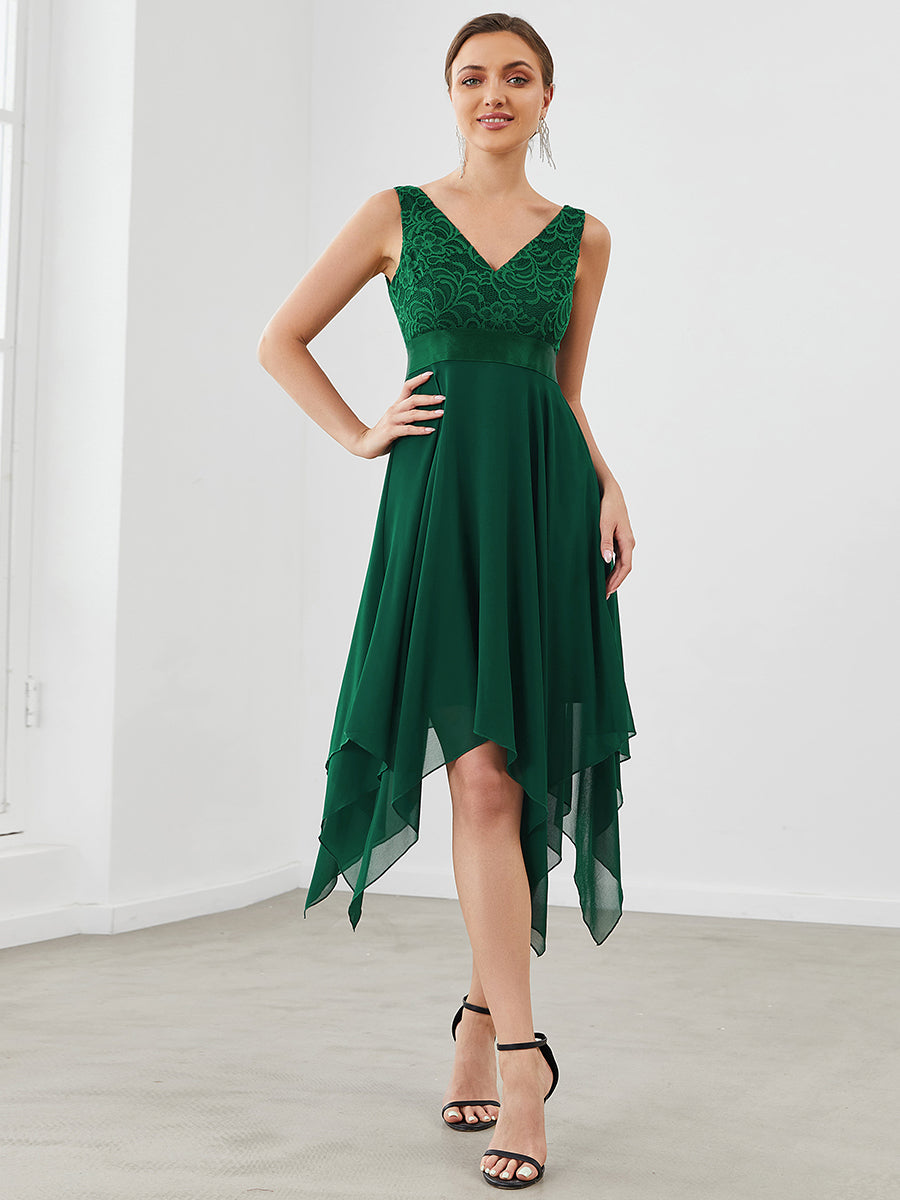 Superbe robe de bal en dentelle et en mousseline de soie à col en V pour femme #Couleur_Vert Fonce