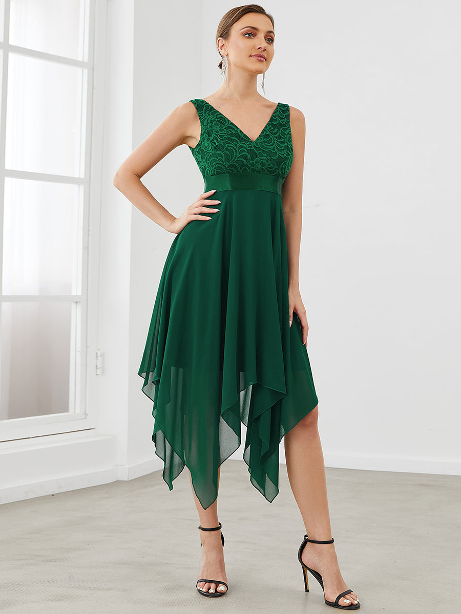 Superbe robe de bal en dentelle et en mousseline de soie à col en V pour femme #Couleur_Vert Fonce