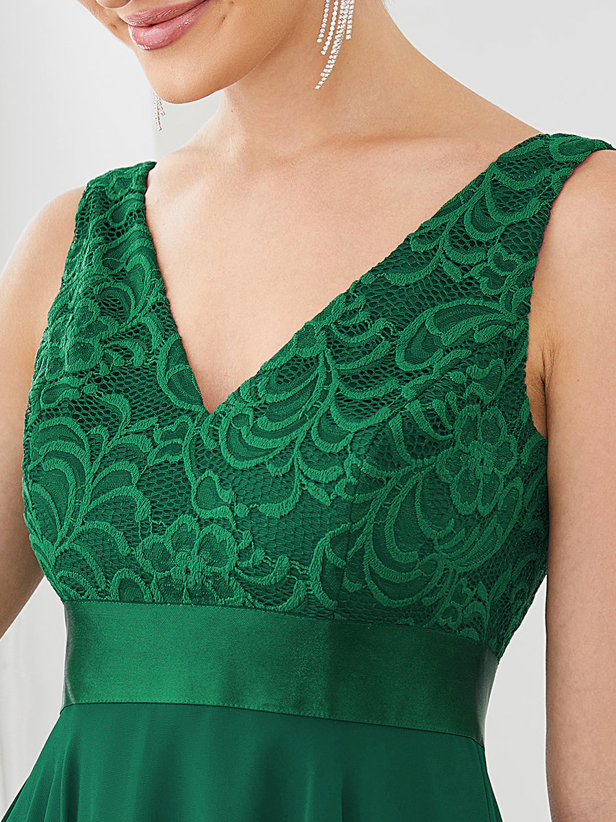 Superbe robe de bal en dentelle et en mousseline de soie à col en V pour femme #Couleur_Vert Fonce