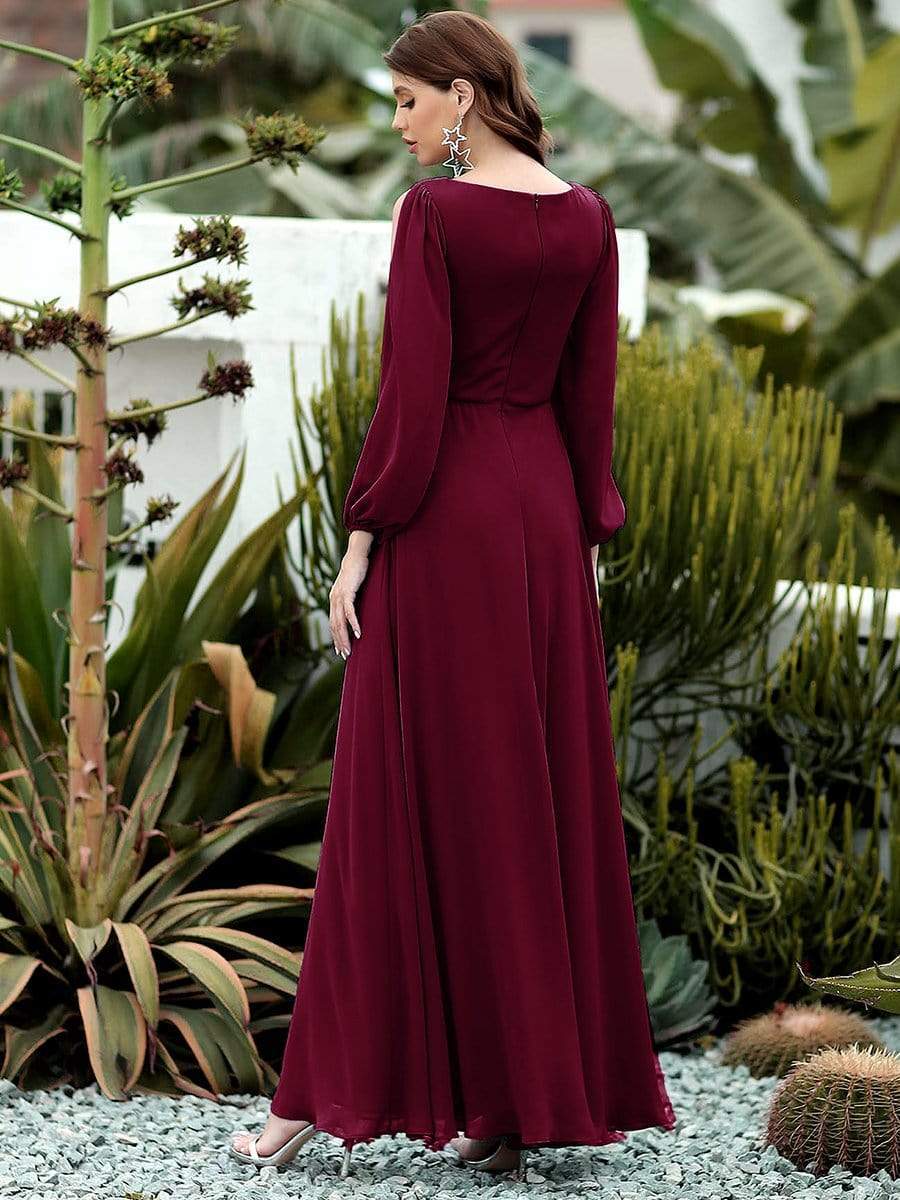 Robe de Soiree Longue Elegante Avec Lanterne en V Profond a Manches Fendues et Appliques #Couleur_Bordeaux