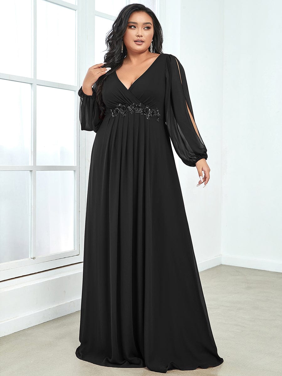 Robe de Soiree Longue Elegante Avec Lanterne en V Profond a Manches Fendues et Appliques #Couleur_Noir